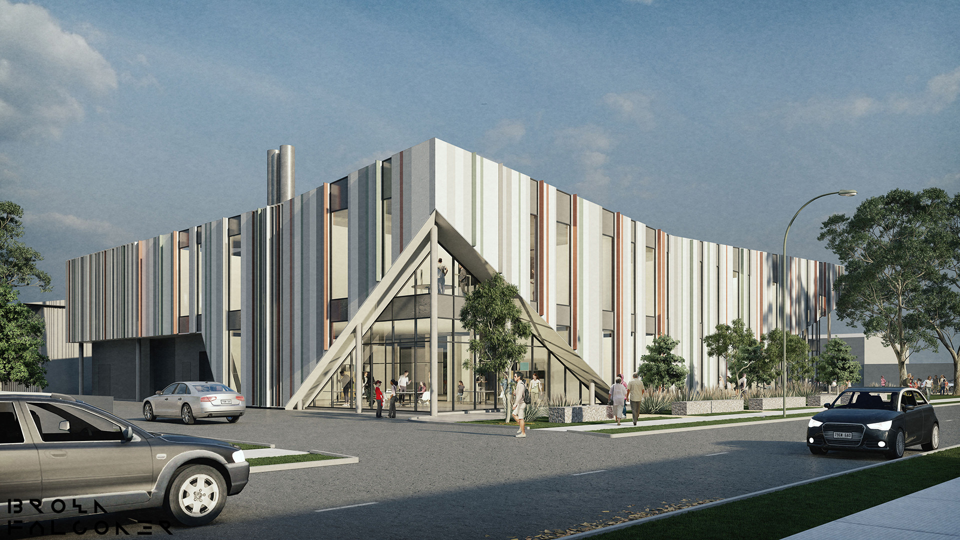 A concept image of Findon Technical College. The college is surrounded on multiple sides by roads providing easy access.