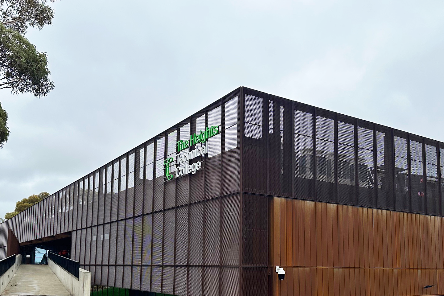 Photo of exterior of The Heights Technical College with signage