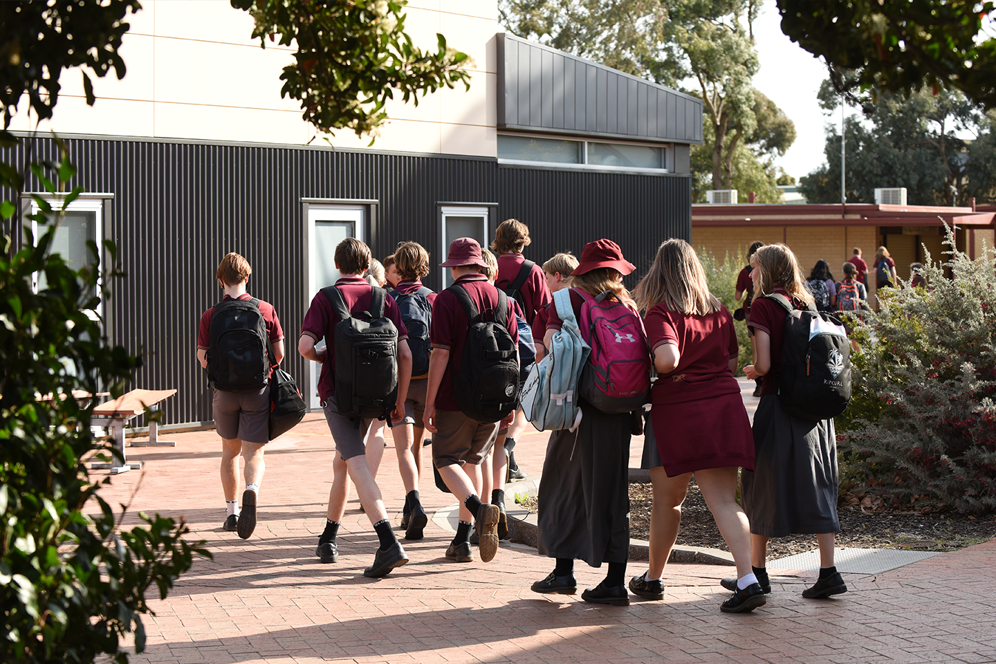Photo of the backs of high school students in uniform walking together through school courtyard