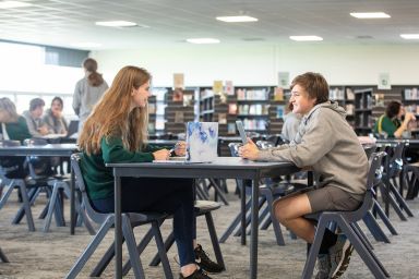 One female student and one male student sitting across the table from each other, both using laptop computers