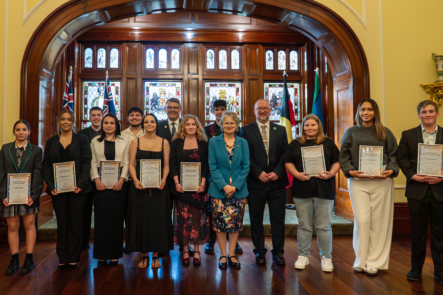 Group photo of Dame Roma Mitchell Scholarship and Chief Executive's Reconciliation Award recipients at Government House ceremony