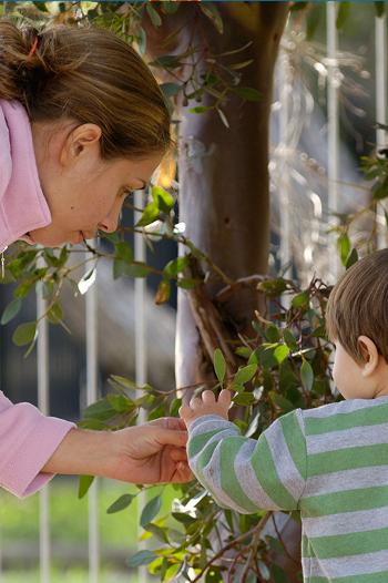 Mother and son looking at leaves