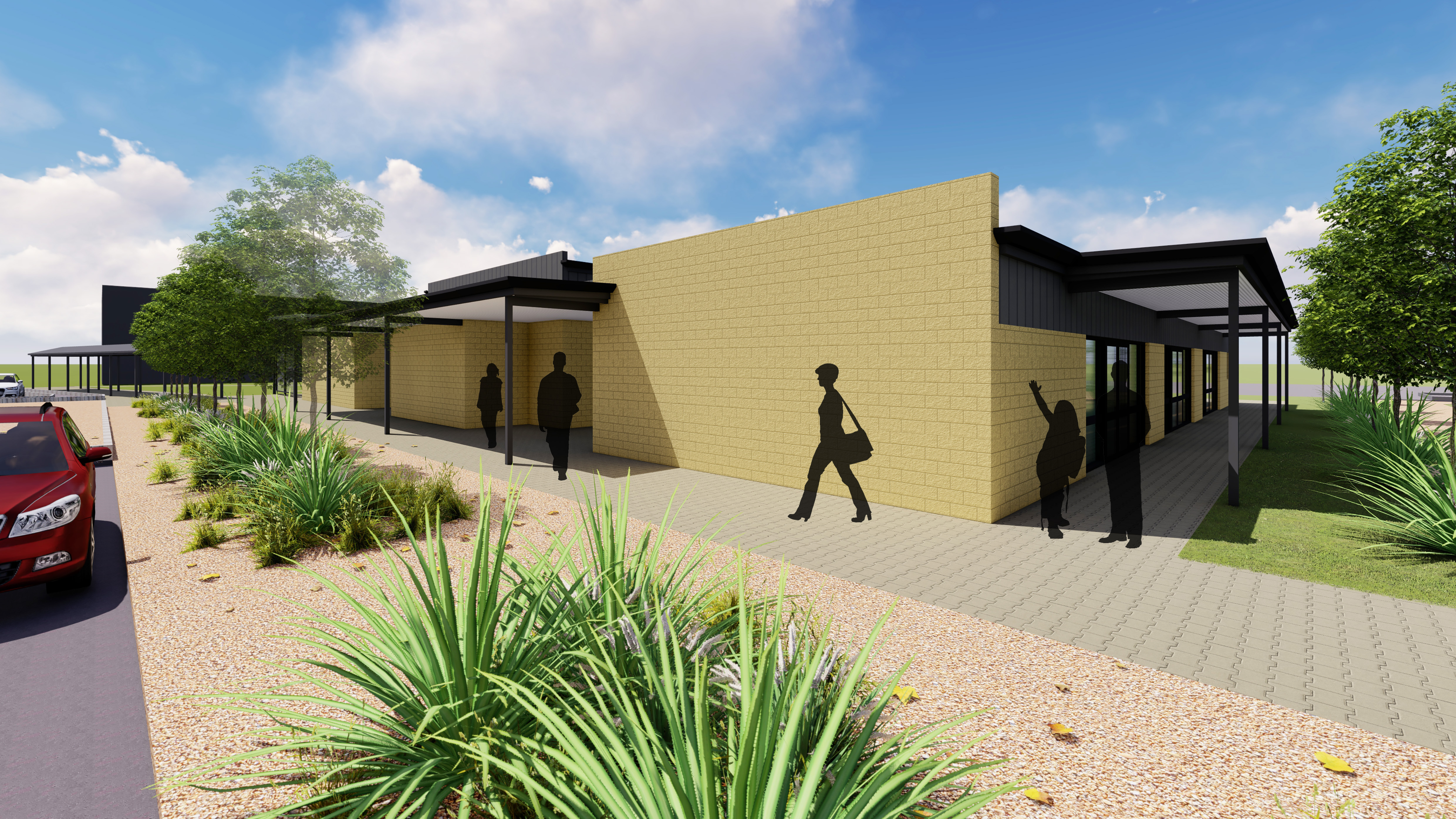 A 3D concept image of a new school building it features brick walls, surrounding trees and lots of verandas.