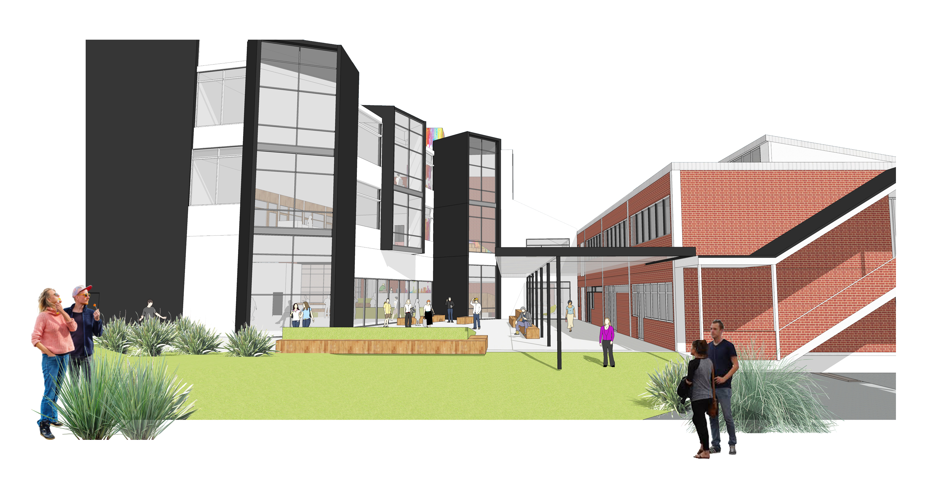 A 3D concept image of two new school buildings. One, on the left, has a mostly white and black exterior with lots of windows. It's 3 storeys tall. The building on the right is red brick with white details. It is two storeys. There is a veranda and lawn.
