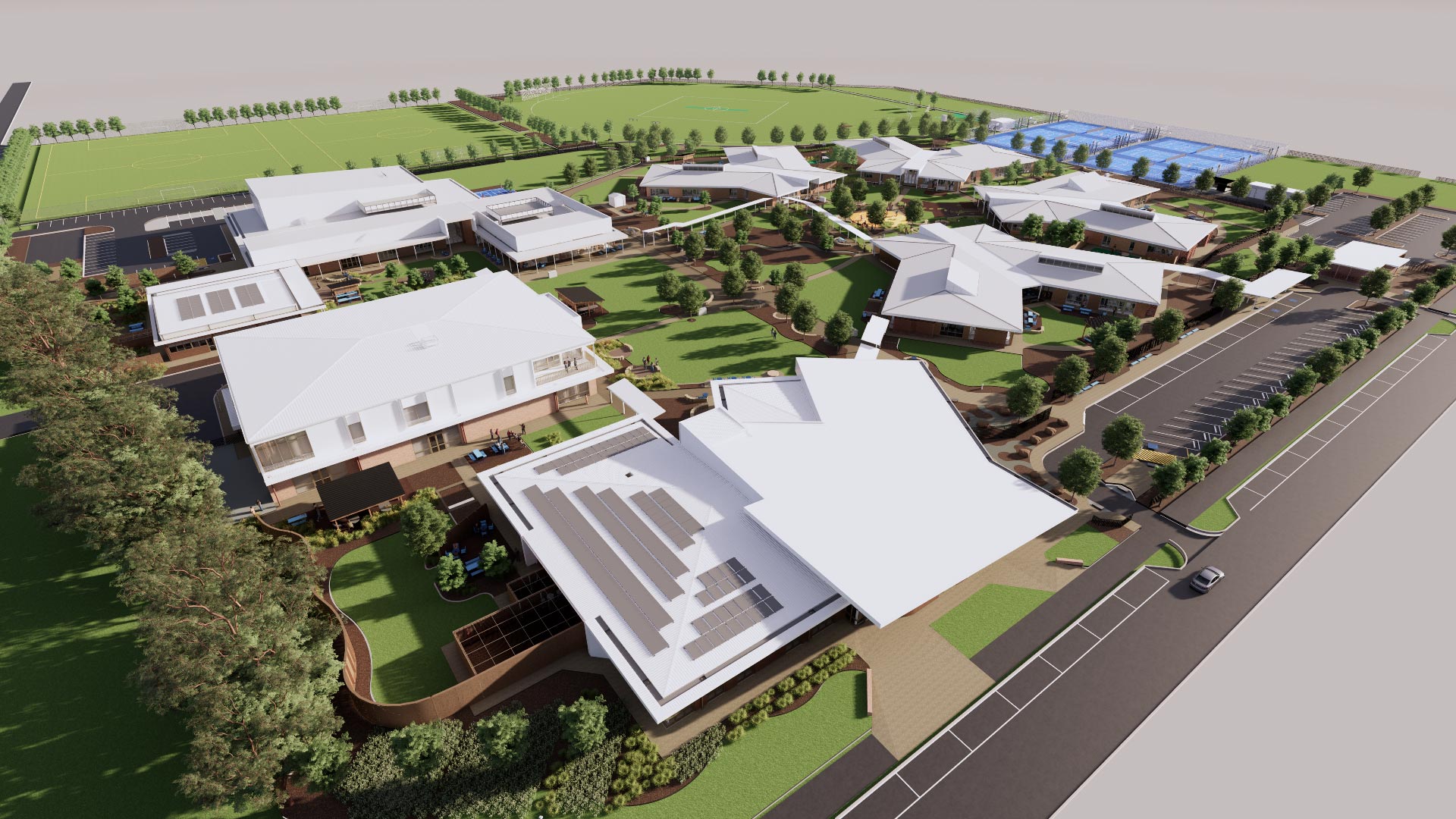 Render of the aerial view showing multiple buildings surrounded by green spaces and trees