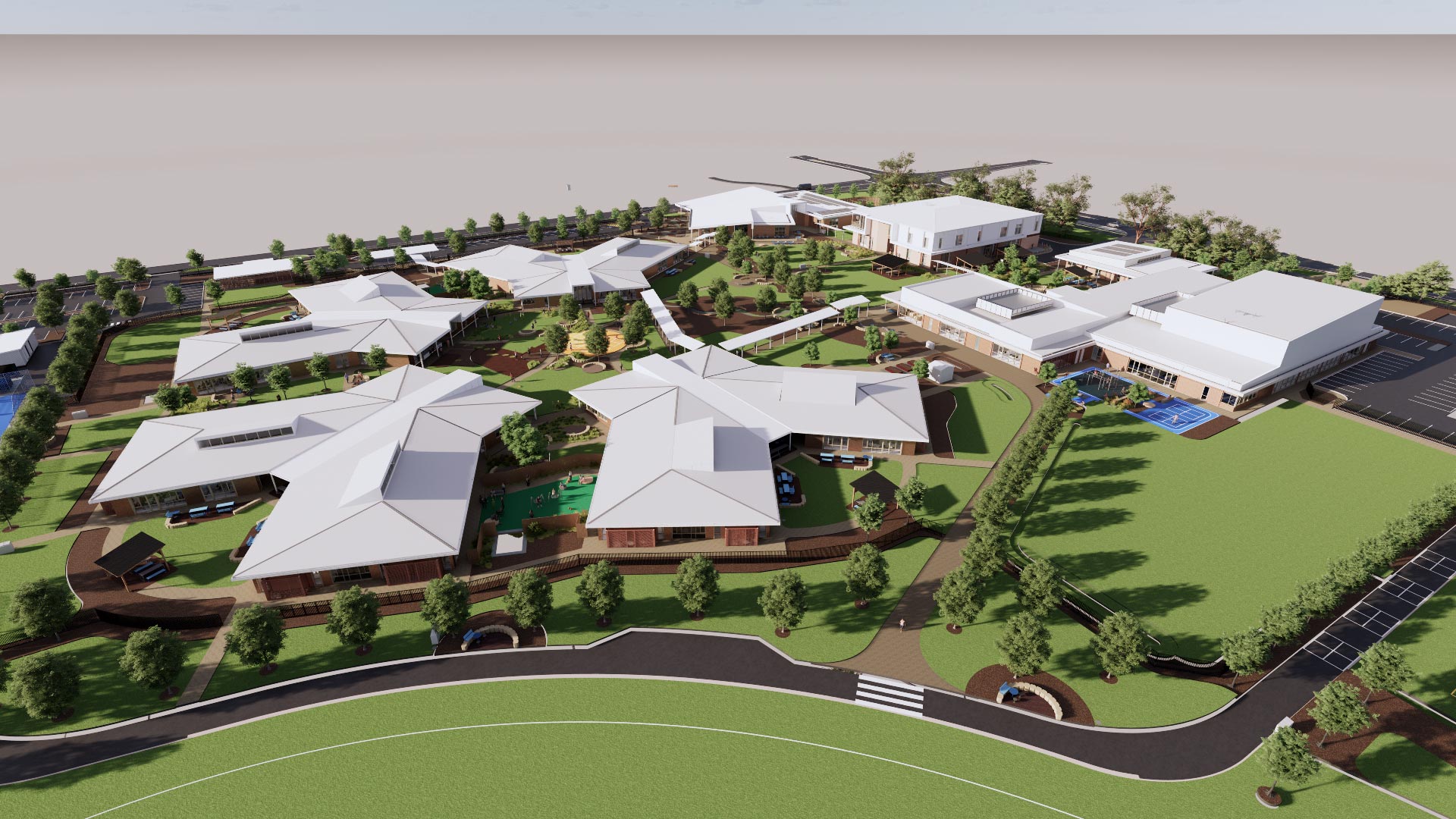 Render of the aerial view showing multiple buildings surrounded by green spaces and trees