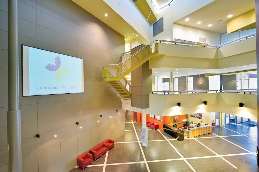 Education Development Centre lobby, showing two upper floors and a staircase.
