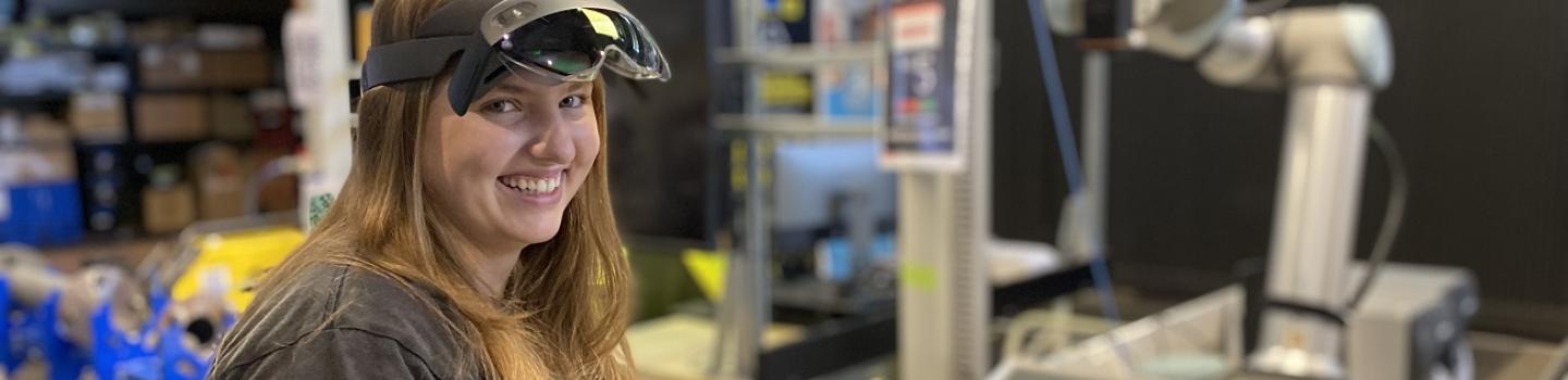 Imogen Hallett-Lowe, year 11 student at Le Fevre High School, wearing a virtual reality headset