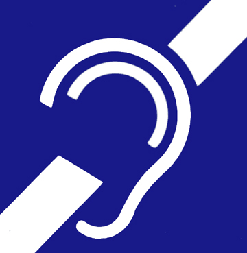 Ear with a line partially through it. White figure, blue background.