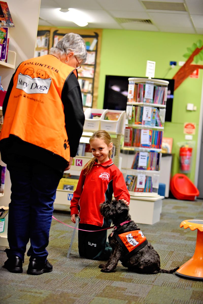An adult volunteer with a young student and their story dog in the library.