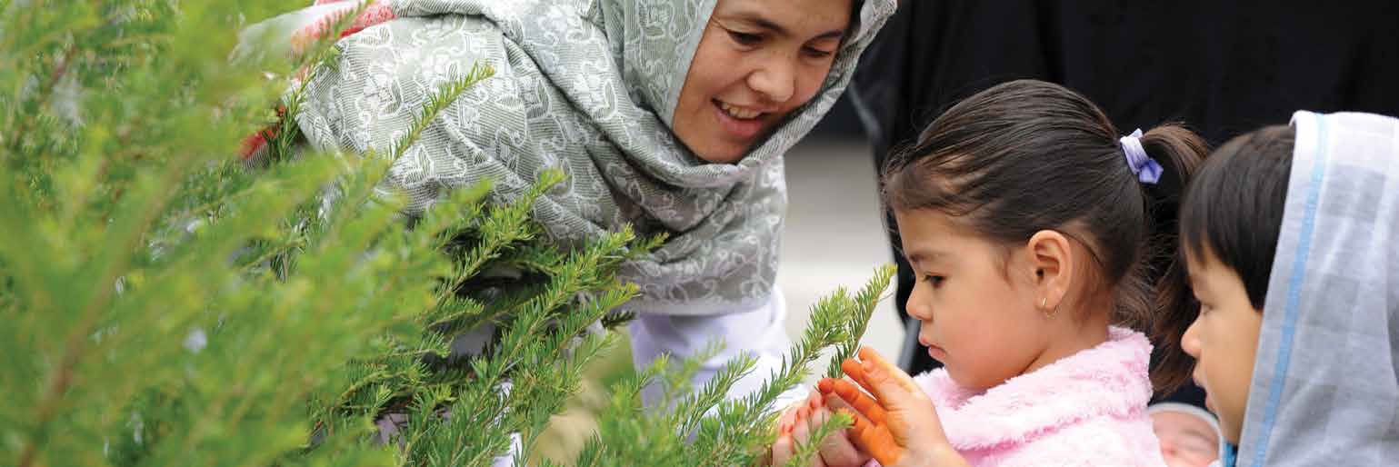 A child and parent inspecting a plant together