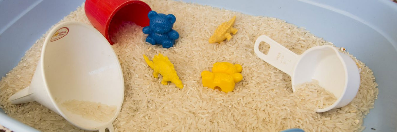 a container of raw rice, plastic toys, cups and a funnel